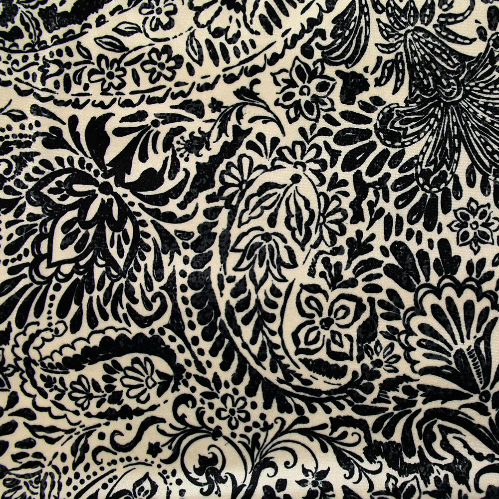 Jersey de velours ras imprimé cachemire et fleur noire fond ivoire