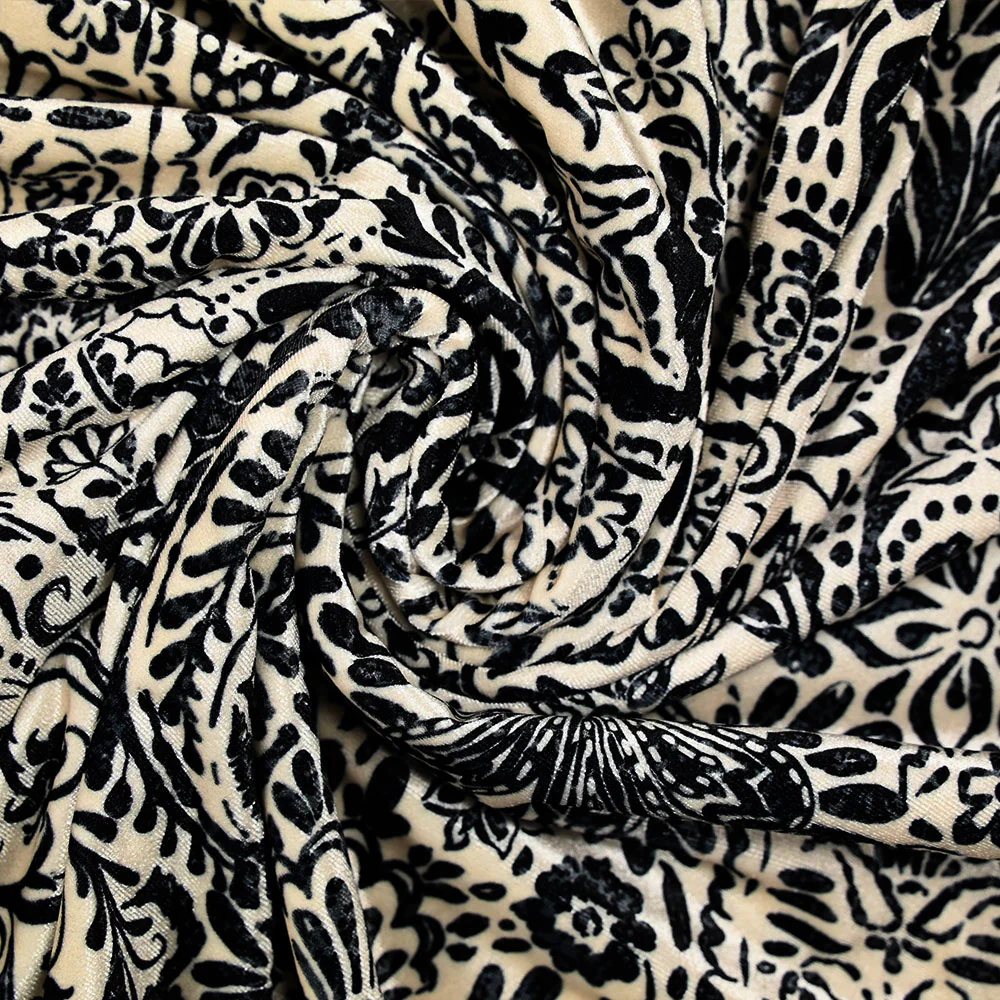 Jersey de velours ras imprimé cachemire et fleur noire fond ivoire - Image 2