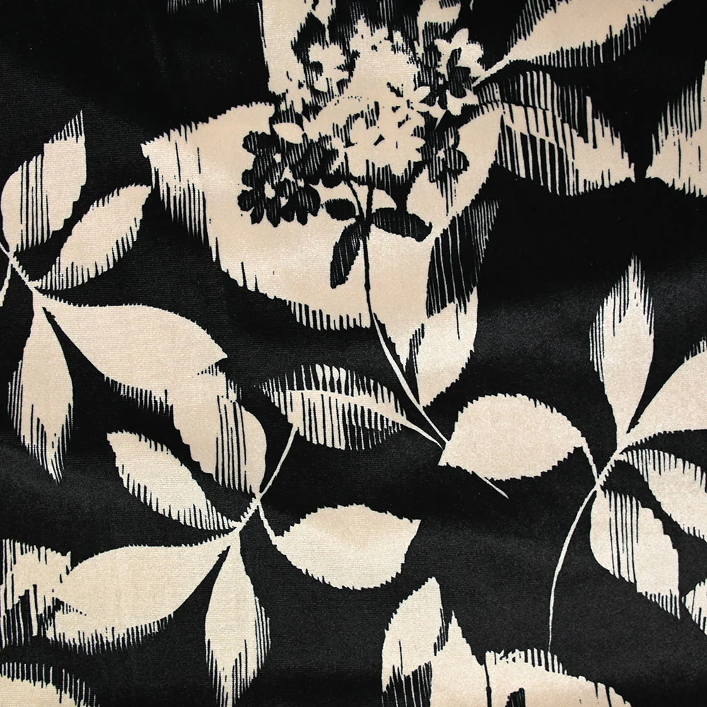 Jersey de velours ras imprimé feuille graphique noire fond ivoire