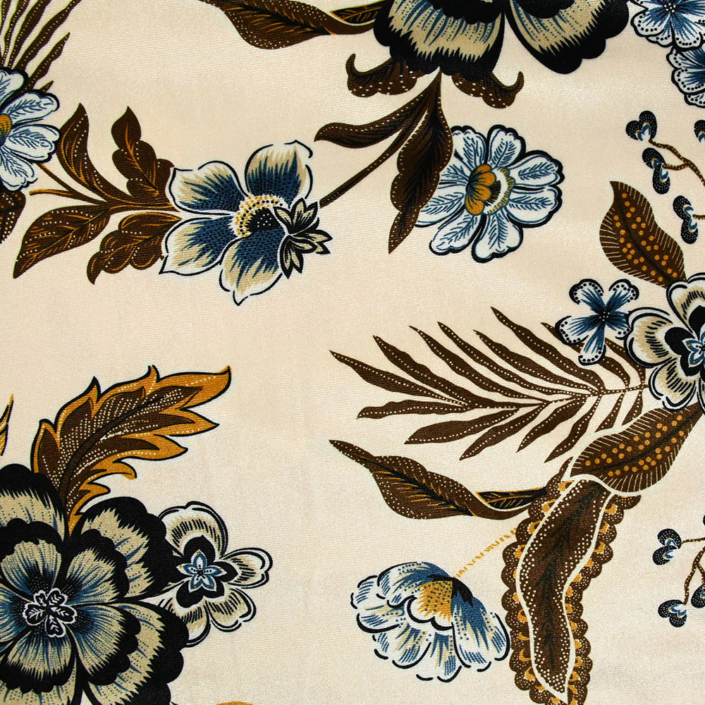 Jersey de velours ras imprimé fleur noire et marron fond ivoire