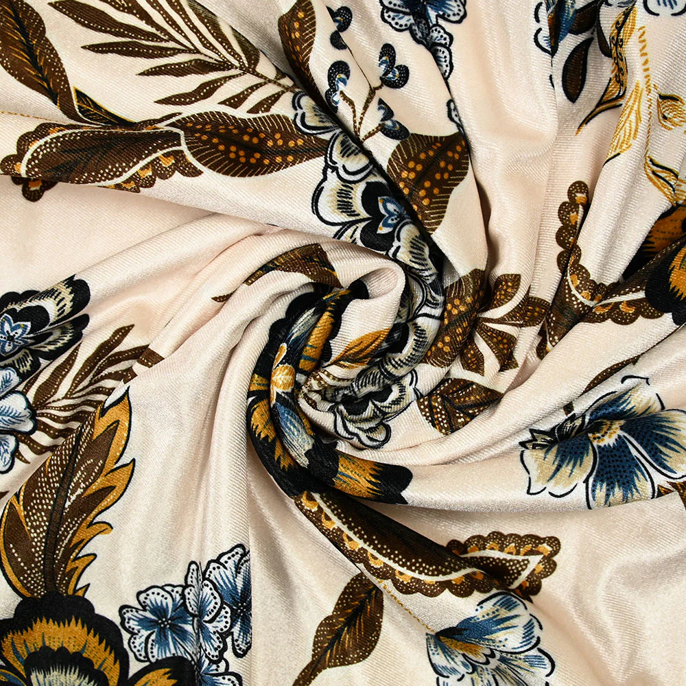 Jersey de velours ras imprimé fleur noire et marron fond ivoire - Image 2