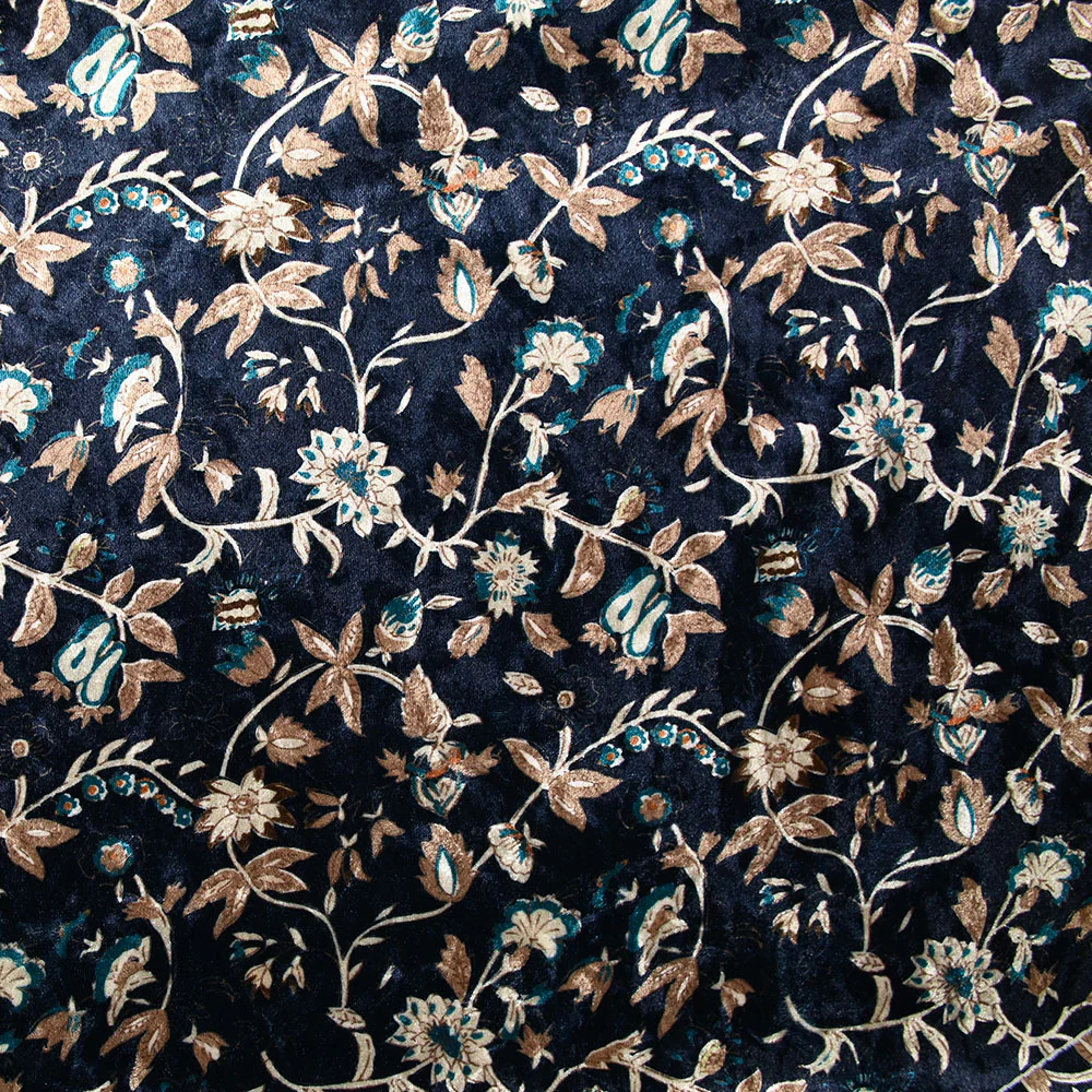 Jersey de velours ras imprimé fleurs et romantisme turquoise fond marine