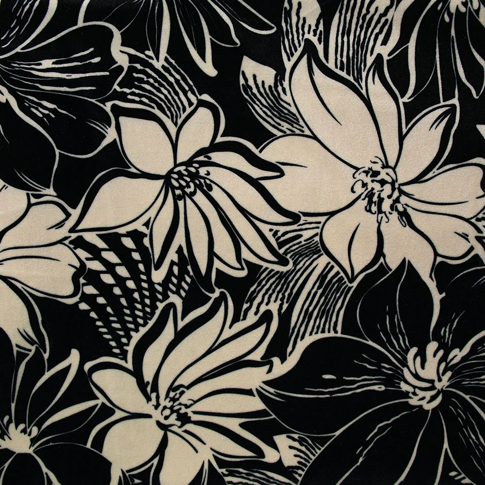 Jersey de velours ras imprimé fleurs ivoire fond noir