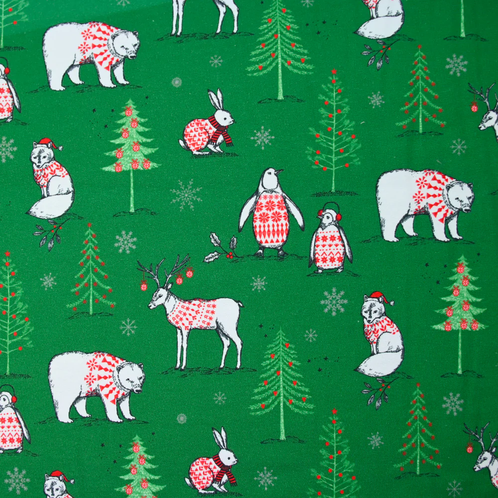 Jersey French terry animaux pull de Noël vert au mètre