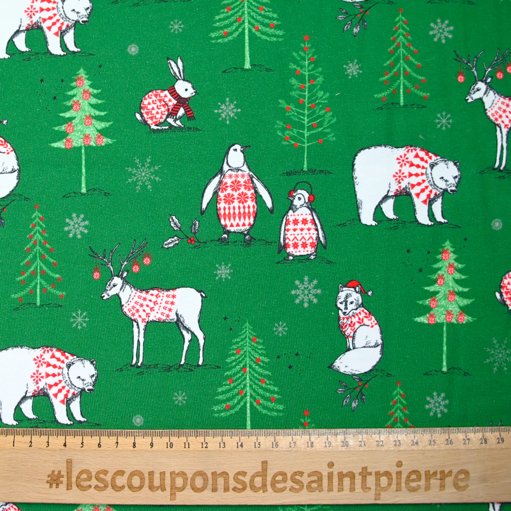 Jersey French terry animaux pull de Noël vert au mètre - Image 3