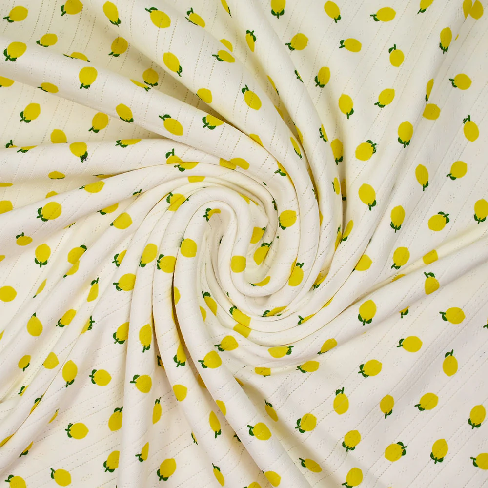 Jersey pointelle coton imprimé citron fond blanc cassé - Image 2
