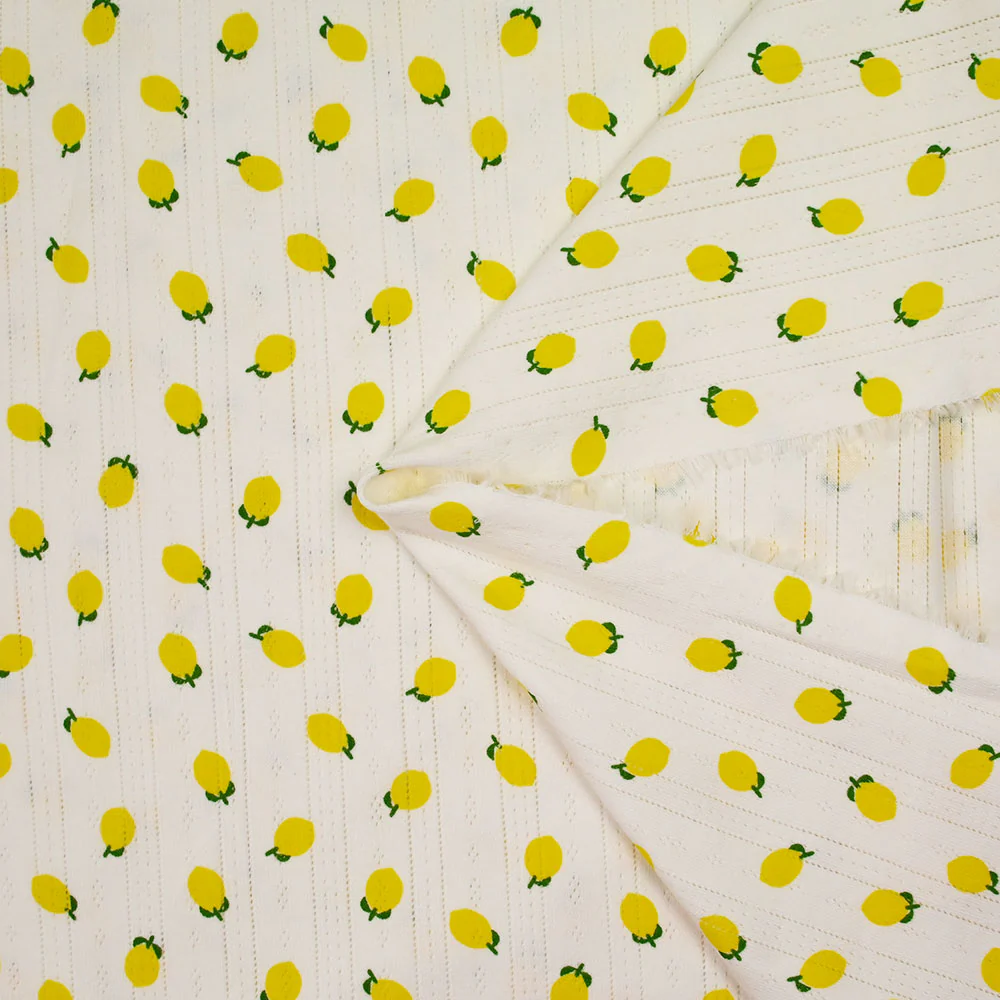 Jersey pointelle coton imprimé citron fond blanc cassé - Image 3