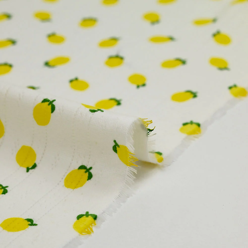 Jersey pointelle coton imprimé citron fond blanc cassé - Image 6