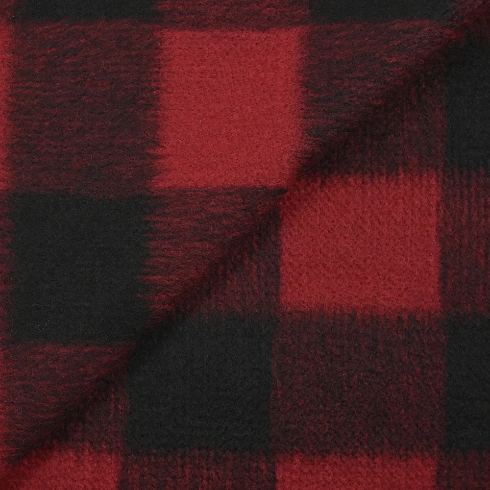 Laine mélangée brossée à carreaux rouge et noir