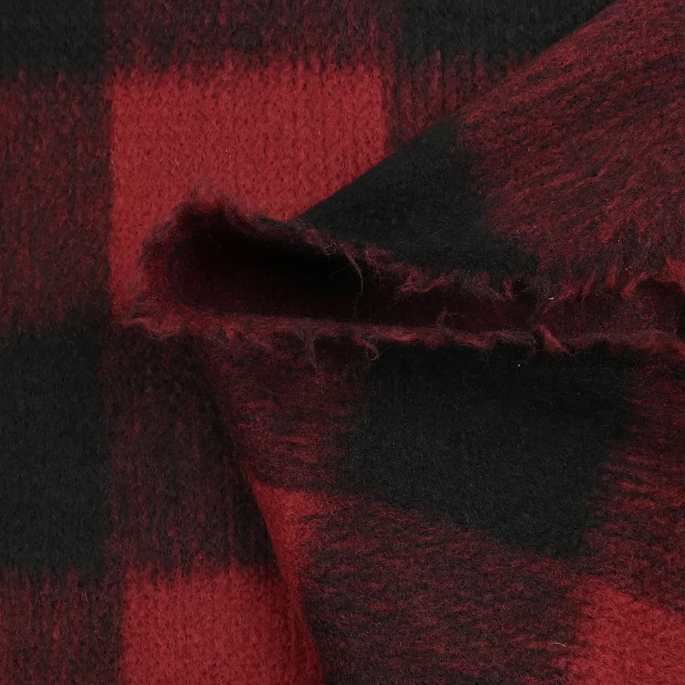 Laine mélangée brossée à carreaux rouge et noir - Image 5