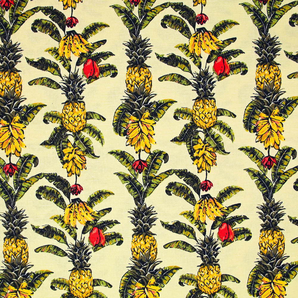 Lin et coton imprimé ananas et banane fond jaune clair