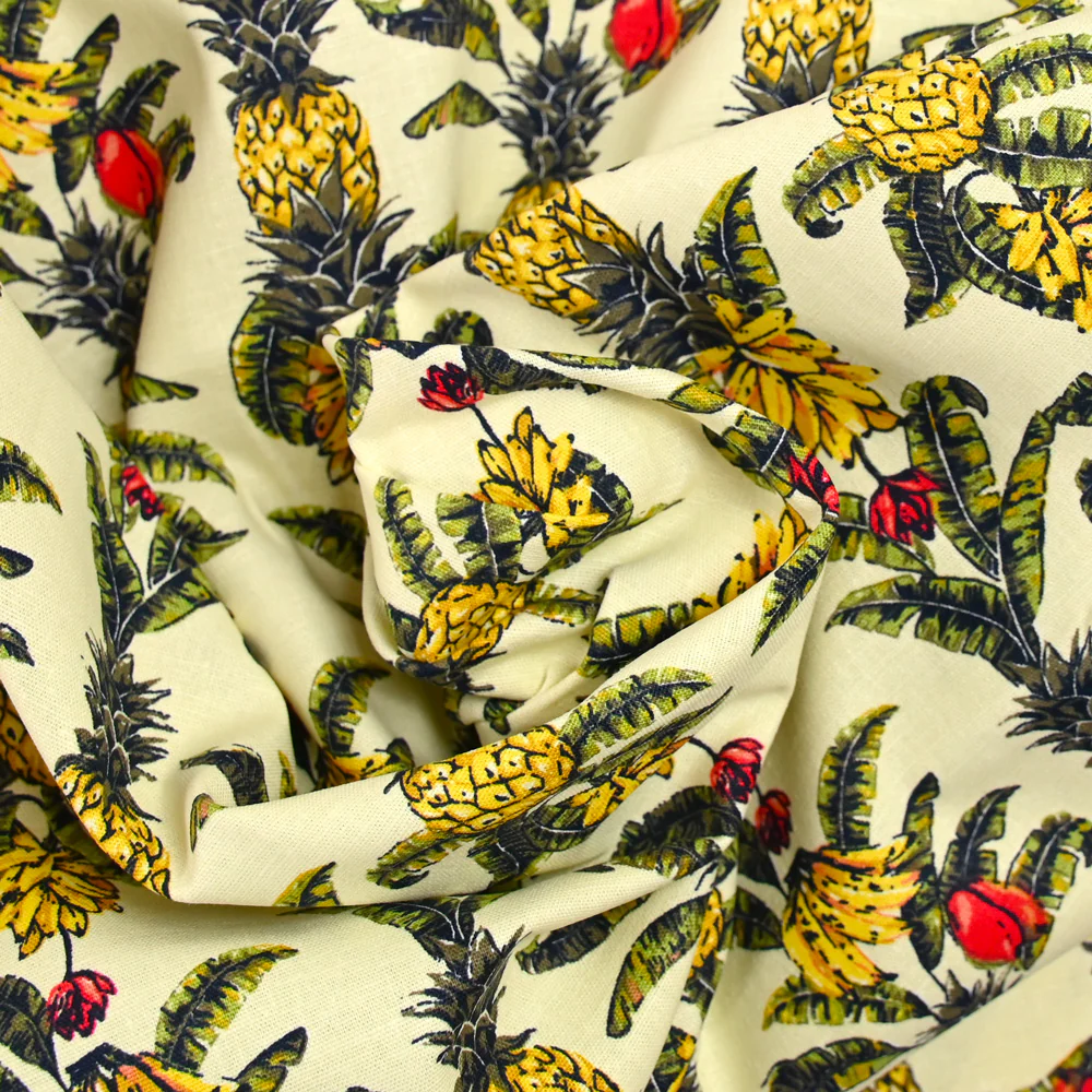 Lin et coton imprimé ananas et banane fond jaune clair - Image 2