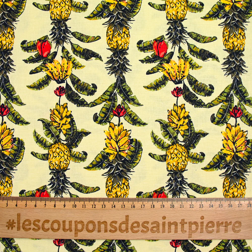 Lin et coton imprimé ananas et banane fond jaune clair - Image 3