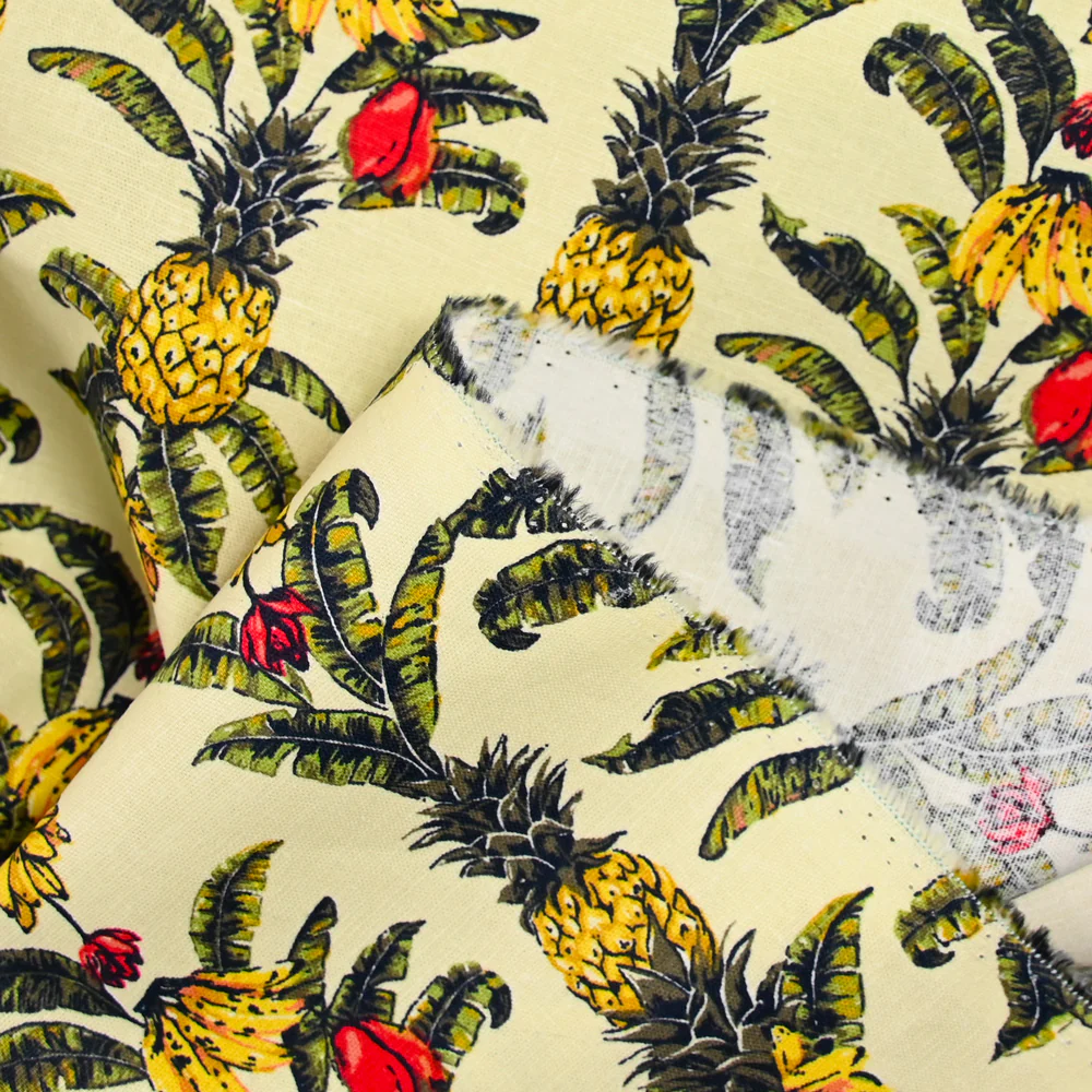 Lin et coton imprimé ananas et banane fond jaune clair - Image 4