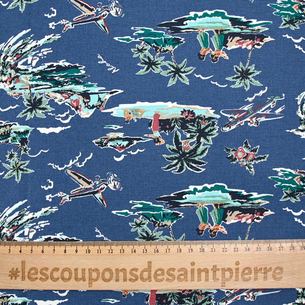 Lin et coton imprimé Hawaiian tropics fond bleu - Image 3