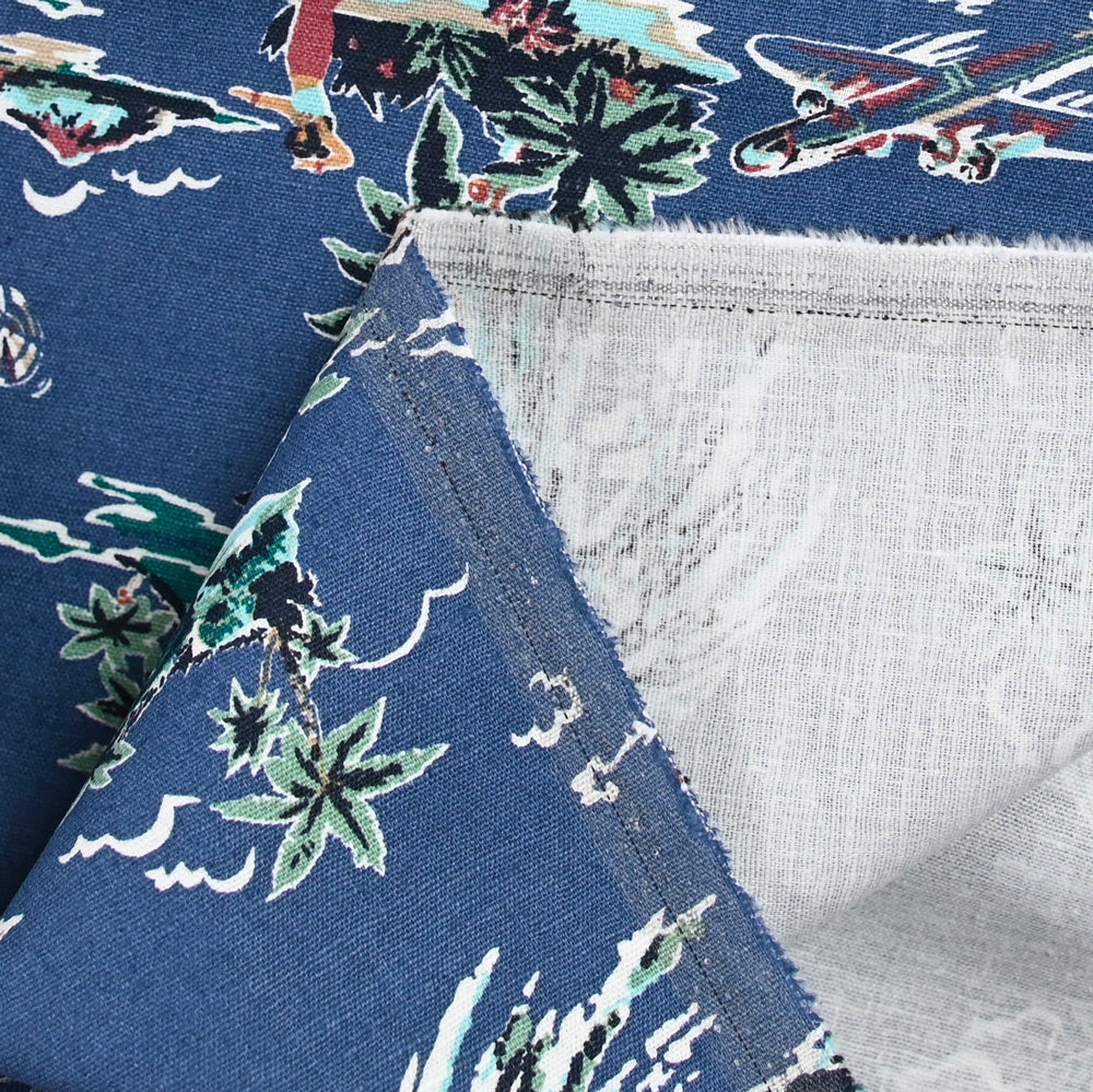 Lin et coton imprimé Hawaiian tropics fond bleu - Image 4