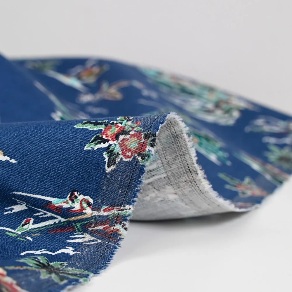 Lin et coton imprimé Hawaiian tropics fond bleu - Image 5