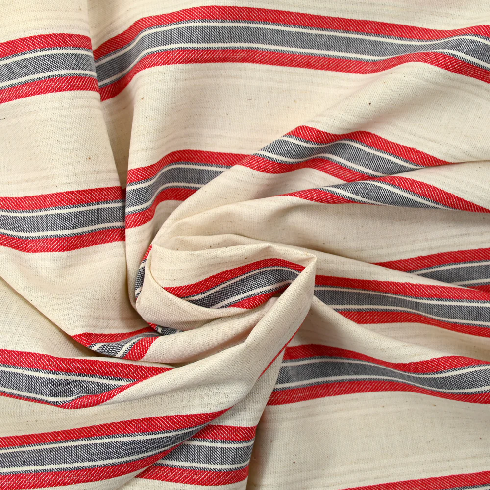 Lin et coton tissé-teint rayure rouge et marine fond ficelle - Image 2