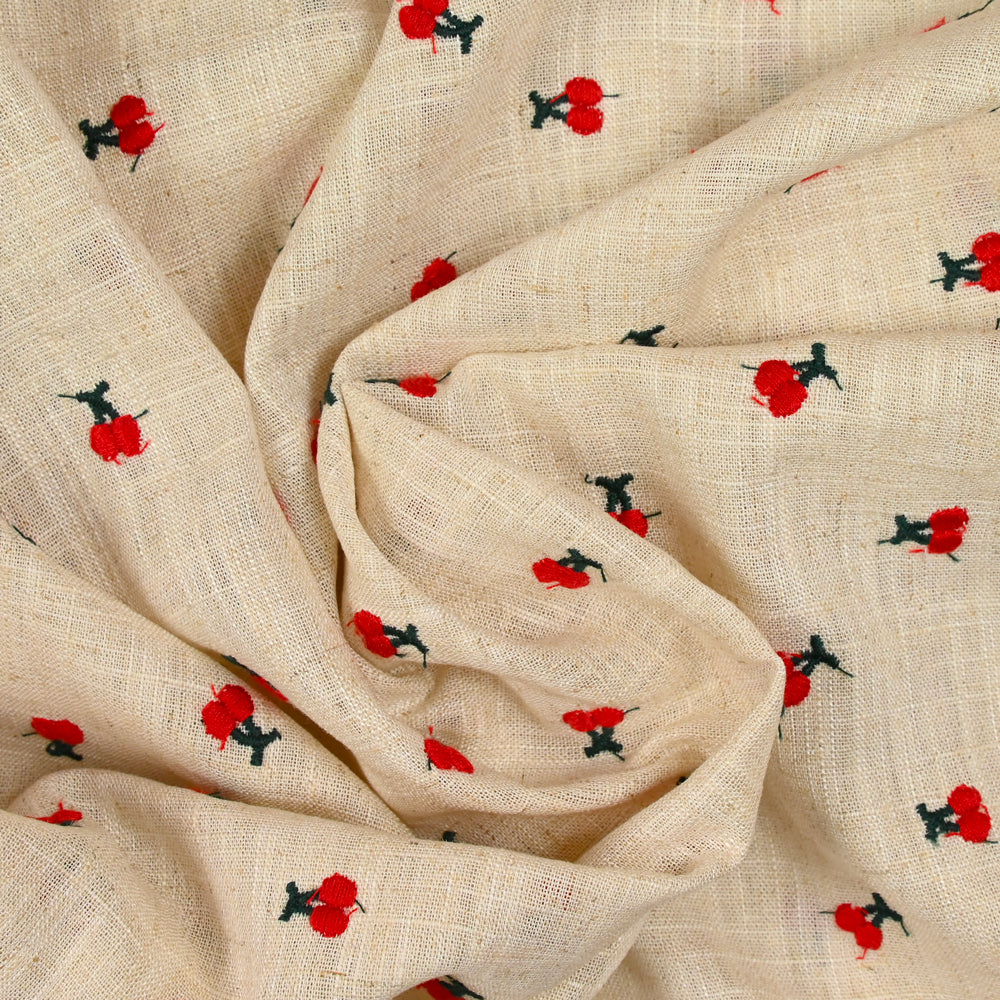 Lin viscose brodé cerise fond ficelle - Image 2