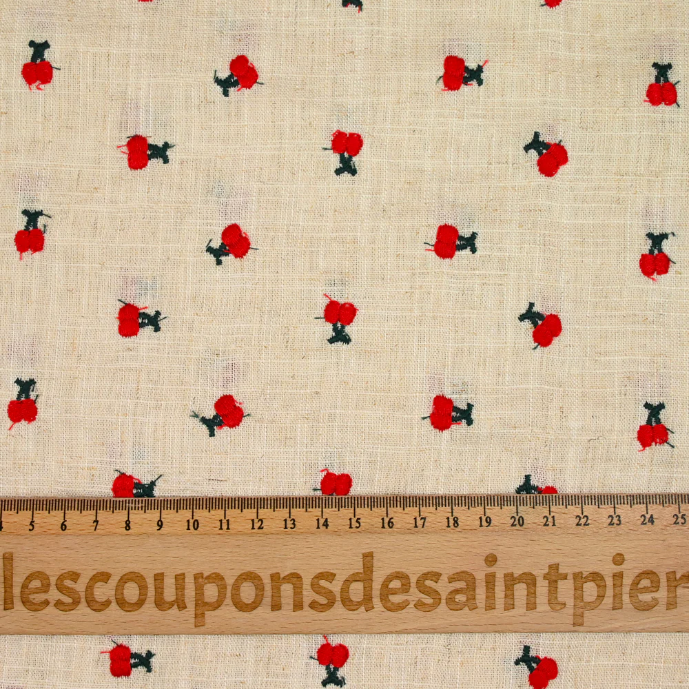 Lin viscose brodé cerise fond ficelle - Image 3
