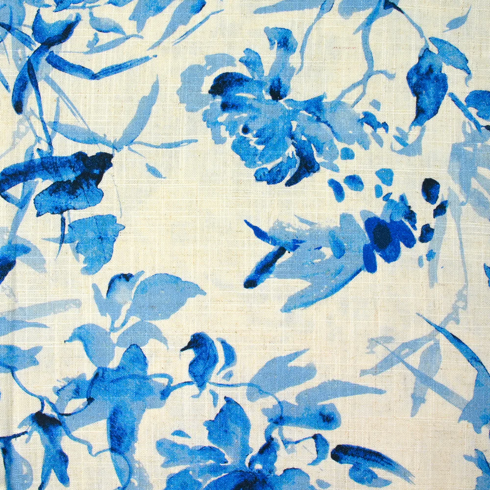 Lin viscose imprimé brume botanique bleu