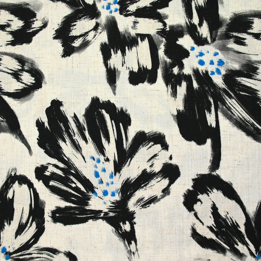 Lin viscose imprimé fleur au pinceau noir fond écru