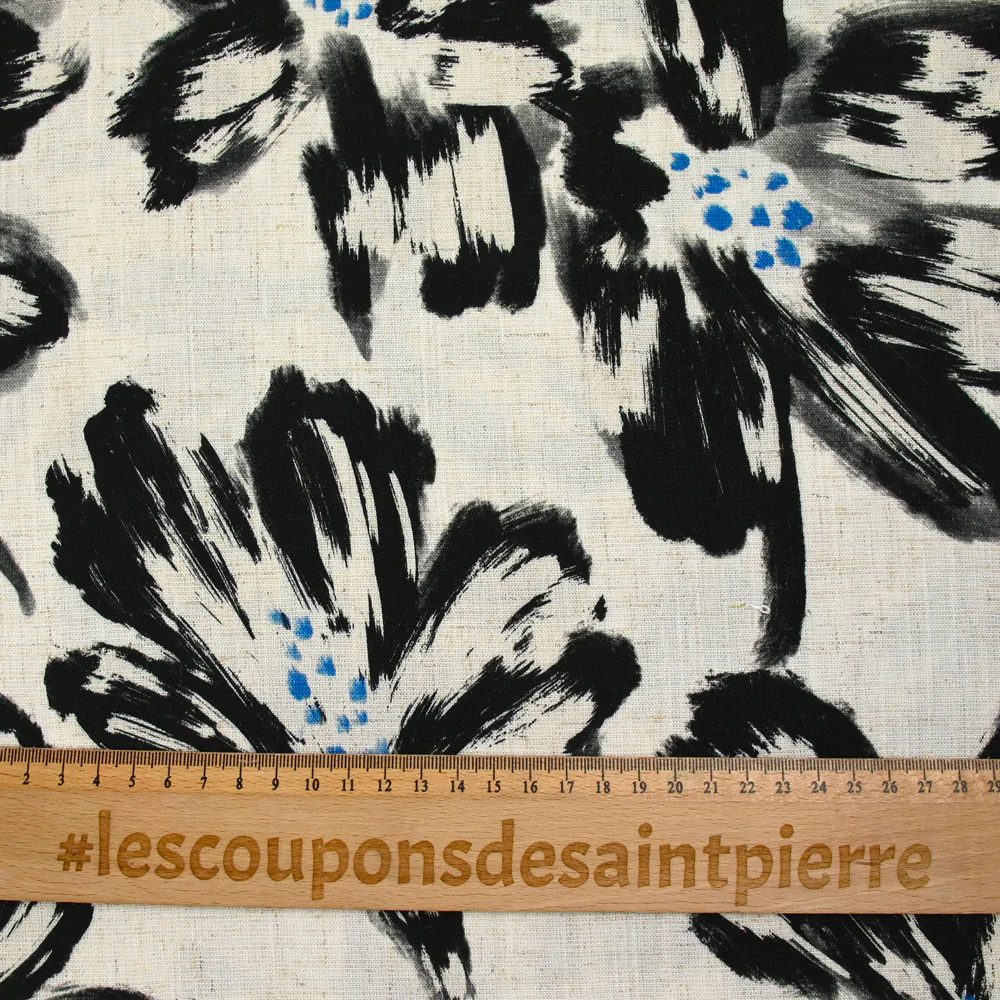 Lin viscose imprimé fleur au pinceau noir fond écru - Image 3