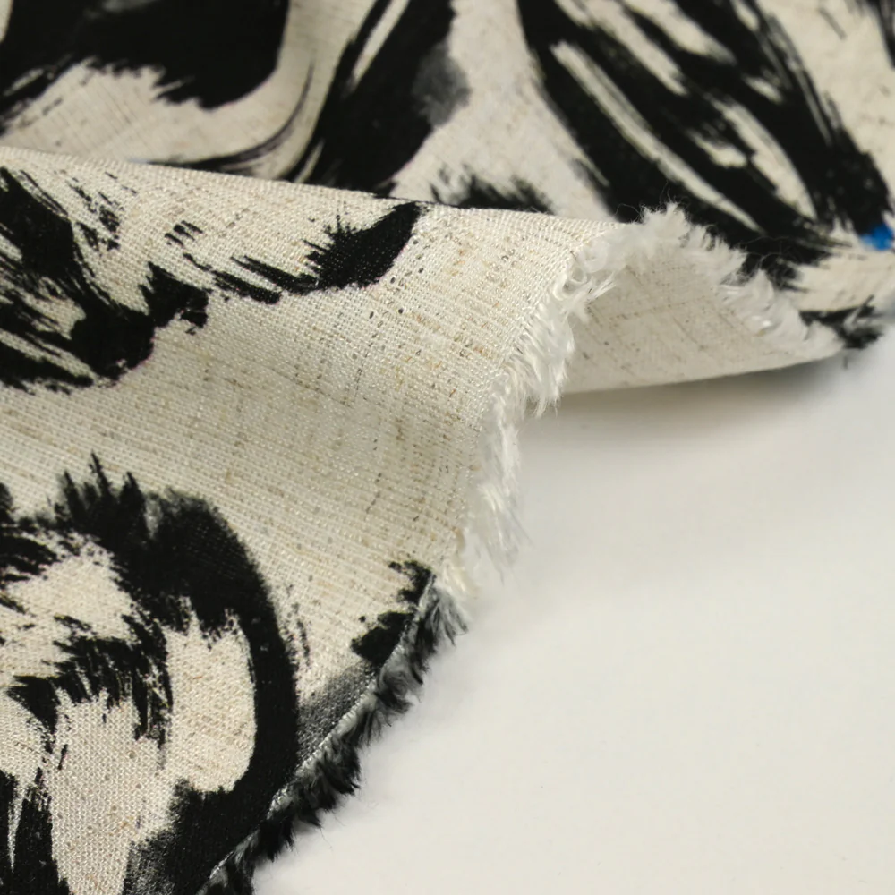 Lin viscose imprimé fleur au pinceau noir fond écru - Image 5
