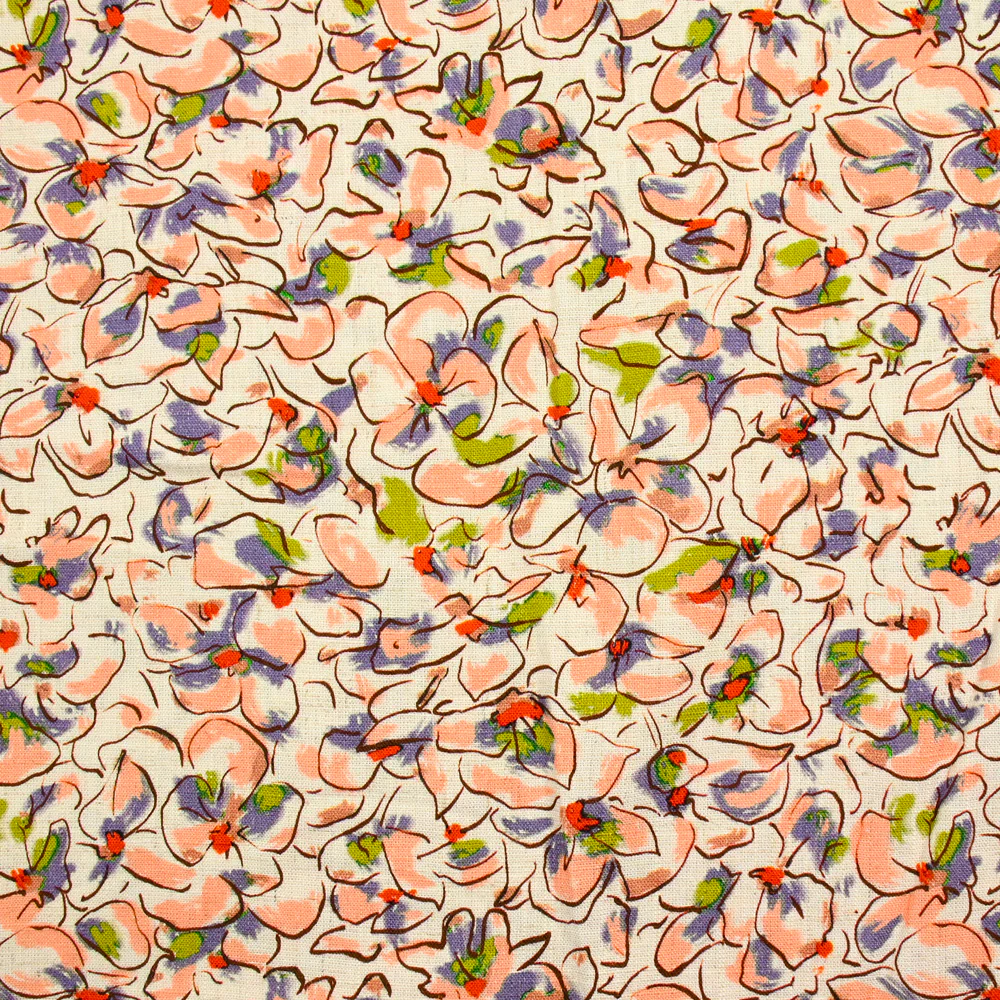 Lin viscose imprimé fleurs de pensées blush et violet fond écru