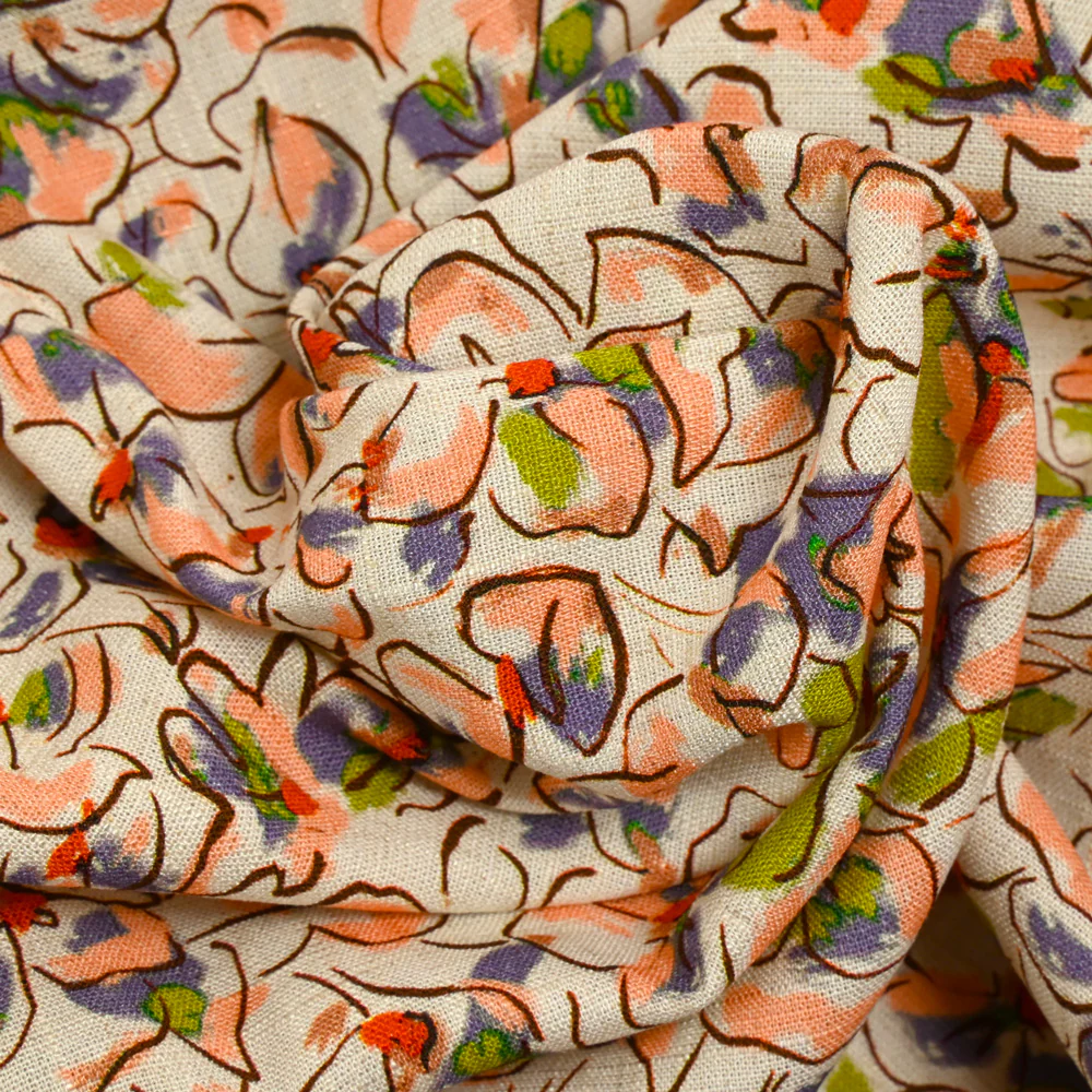 Lin viscose imprimé fleurs de pensées blush et violet fond écru - Image 2