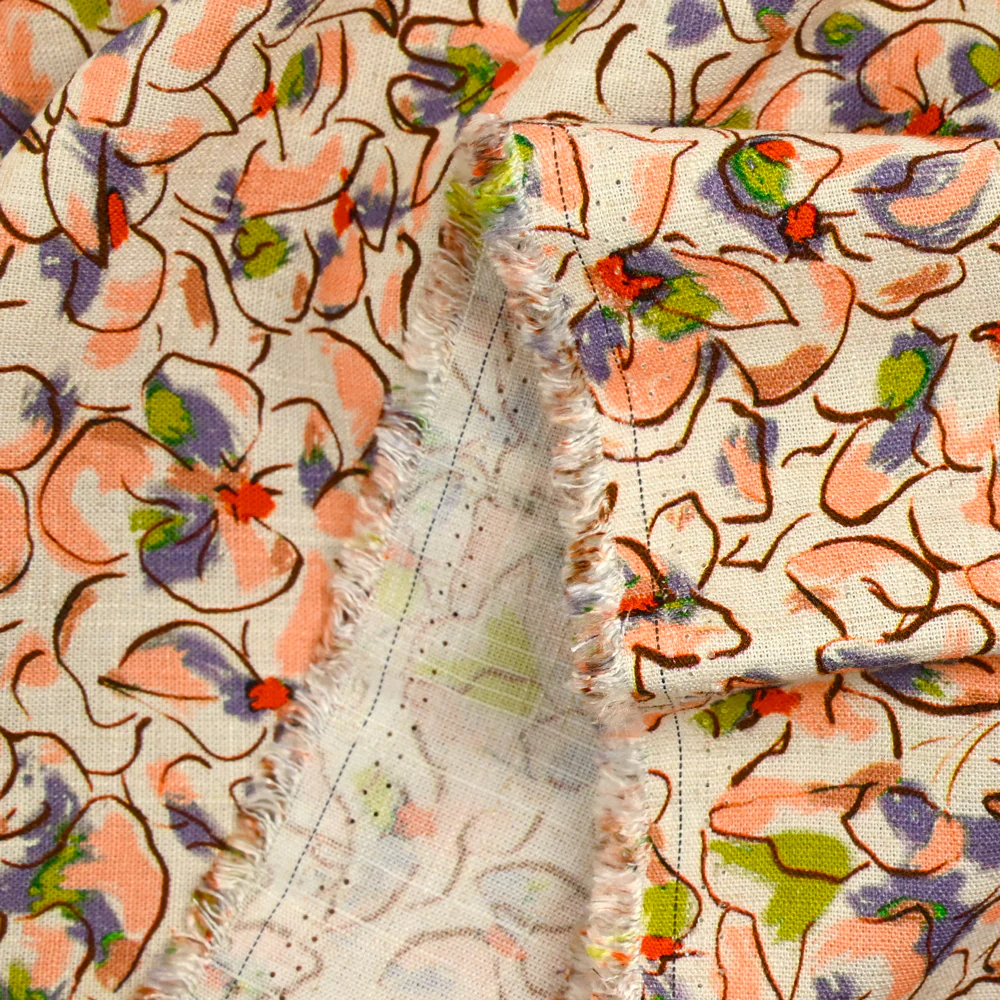 Lin viscose imprimé fleurs de pensées blush et violet fond écru - Image 4
