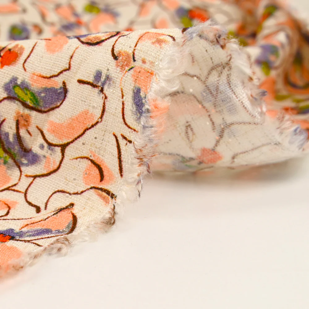 Lin viscose imprimé fleurs de pensées blush et violet fond écru - Image 5
