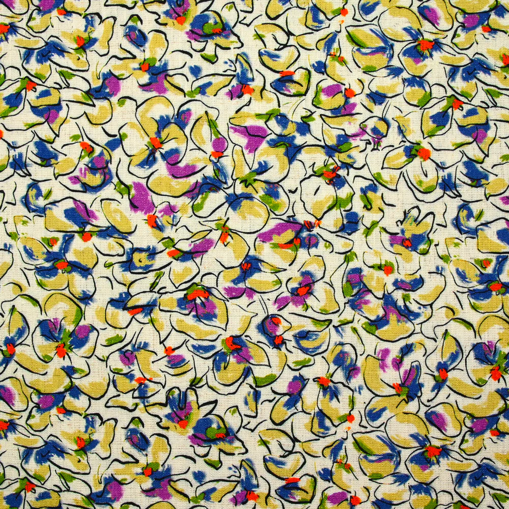 Lin viscose imprimé fleurs de pensées violet et vert fond écru