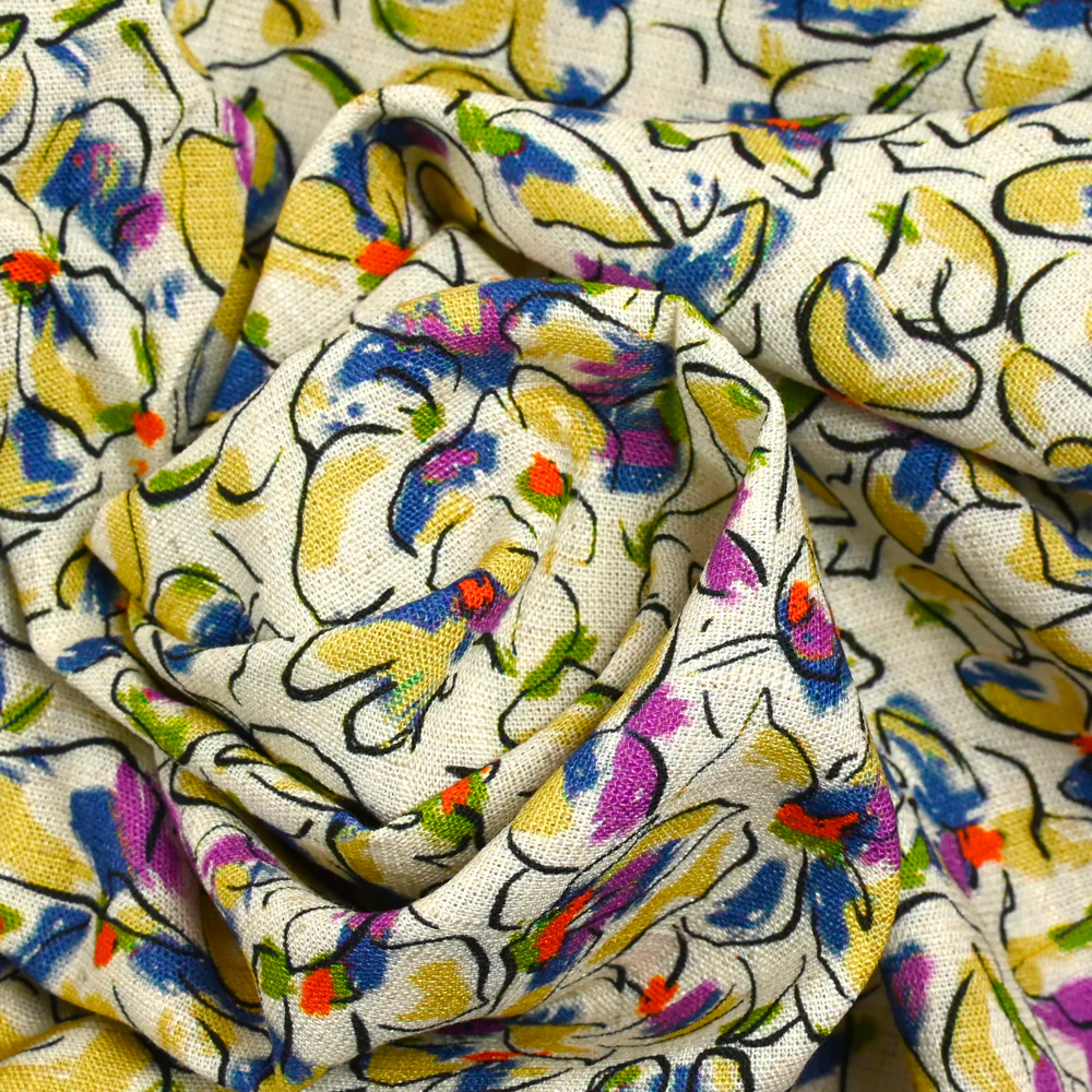 Lin viscose imprimé fleurs de pensées violet et vert fond écru - Image 2