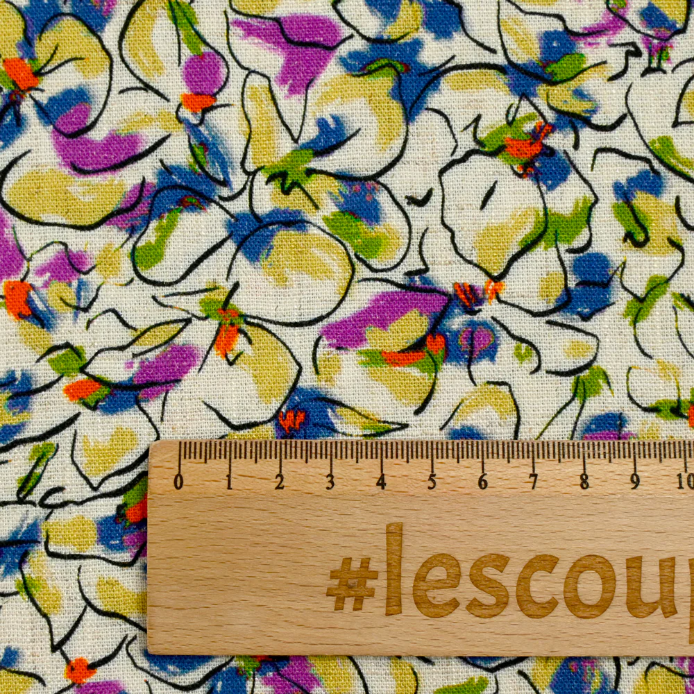 Lin viscose imprimé fleurs de pensées violet et vert fond écru - Image 3