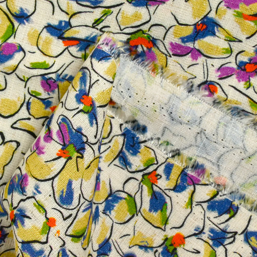 Lin viscose imprimé fleurs de pensées violet et vert fond écru - Image 4