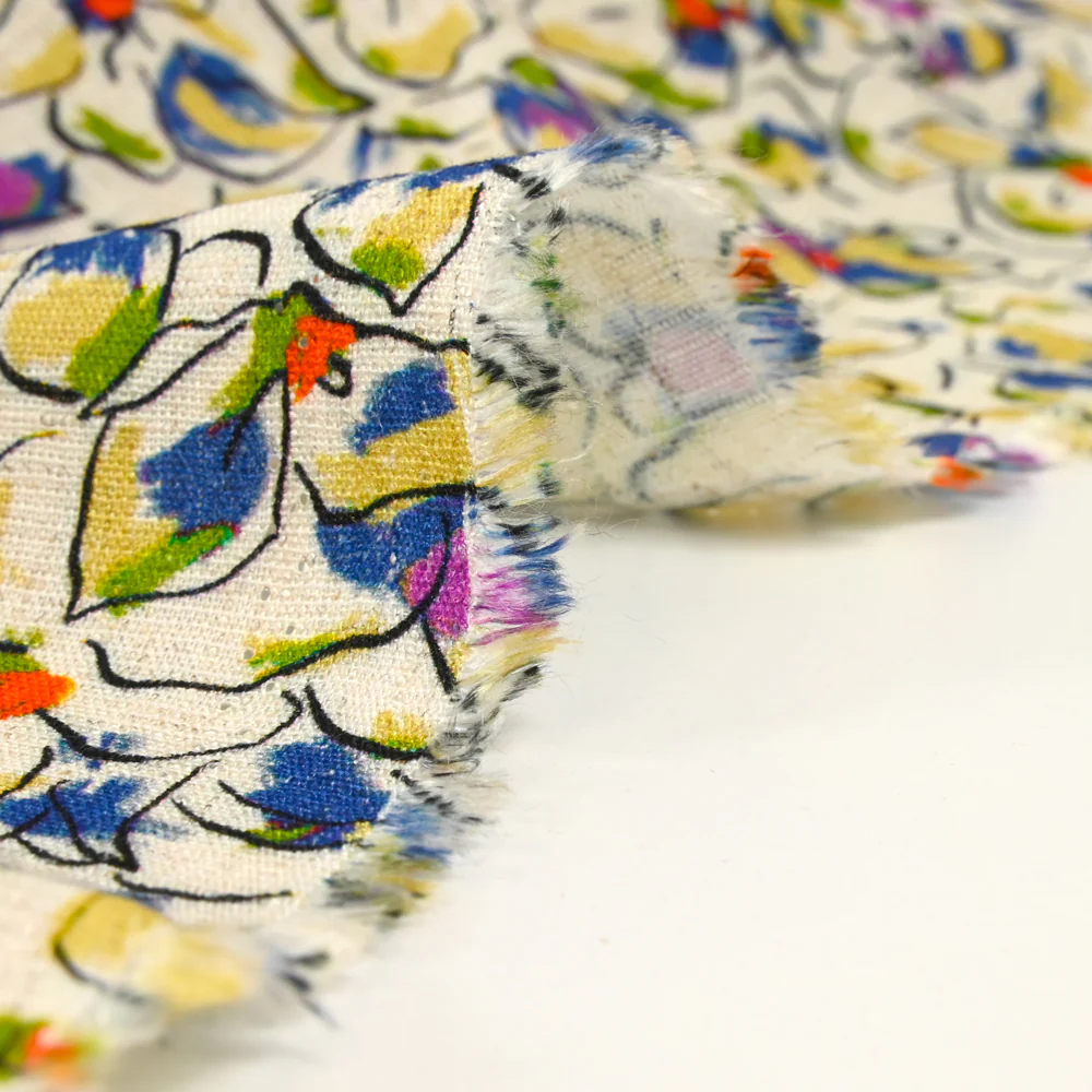 Lin viscose imprimé fleurs de pensées violet et vert fond écru - Image 5
