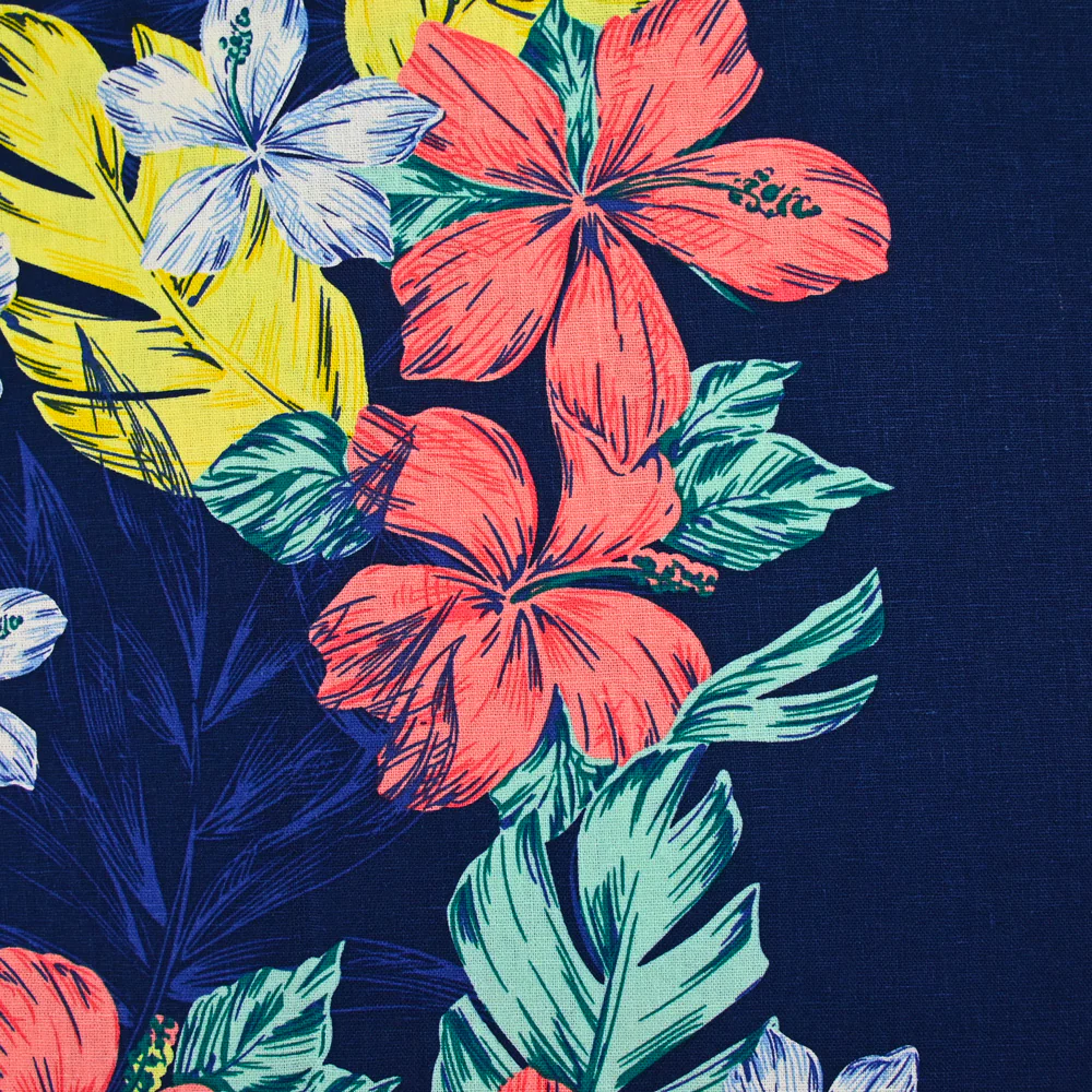 Lin viscose imprimé fleurs en base fond marine
