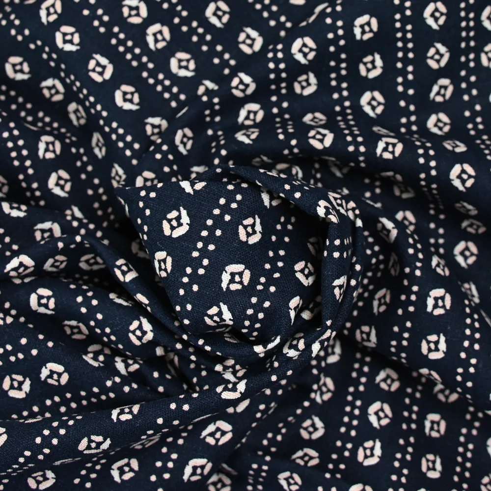 Lin viscose imprimé fleurs et pointillé rayé fond marine - Image 2