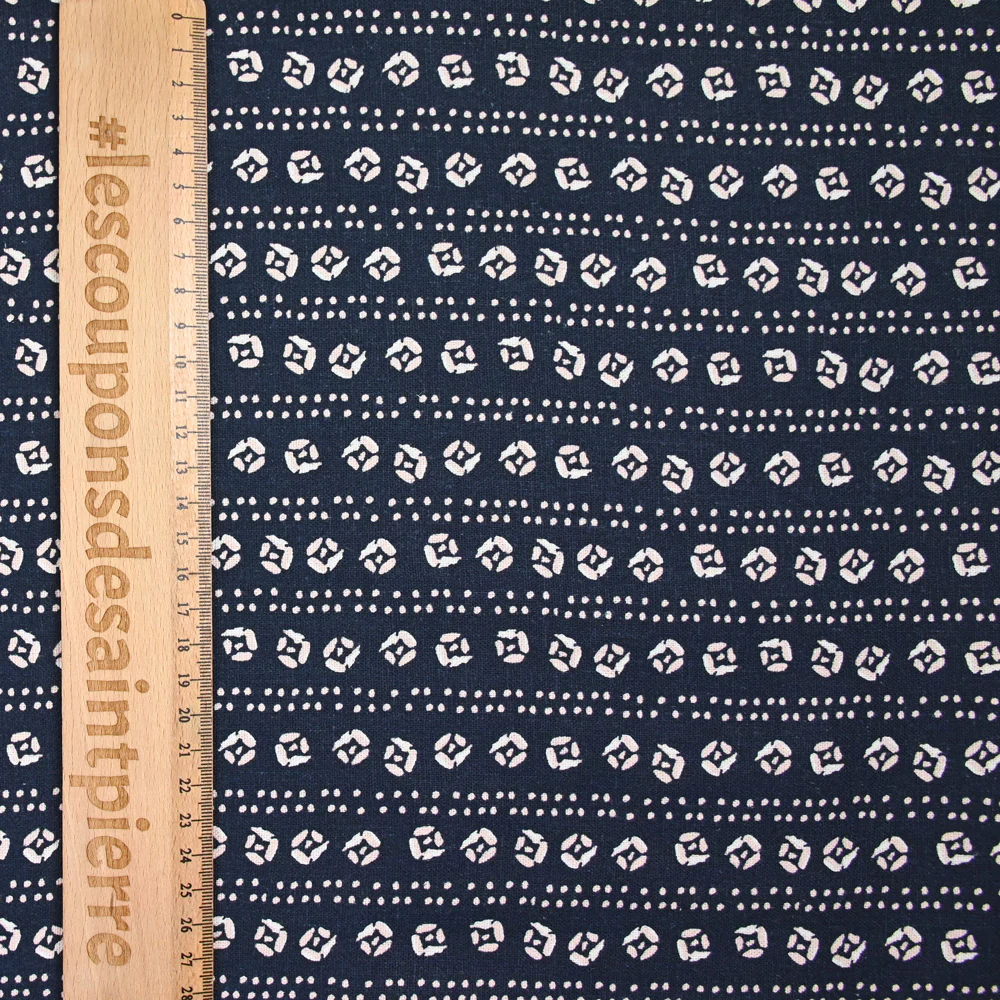 Lin viscose imprimé fleurs et pointillé rayé fond marine - Image 3