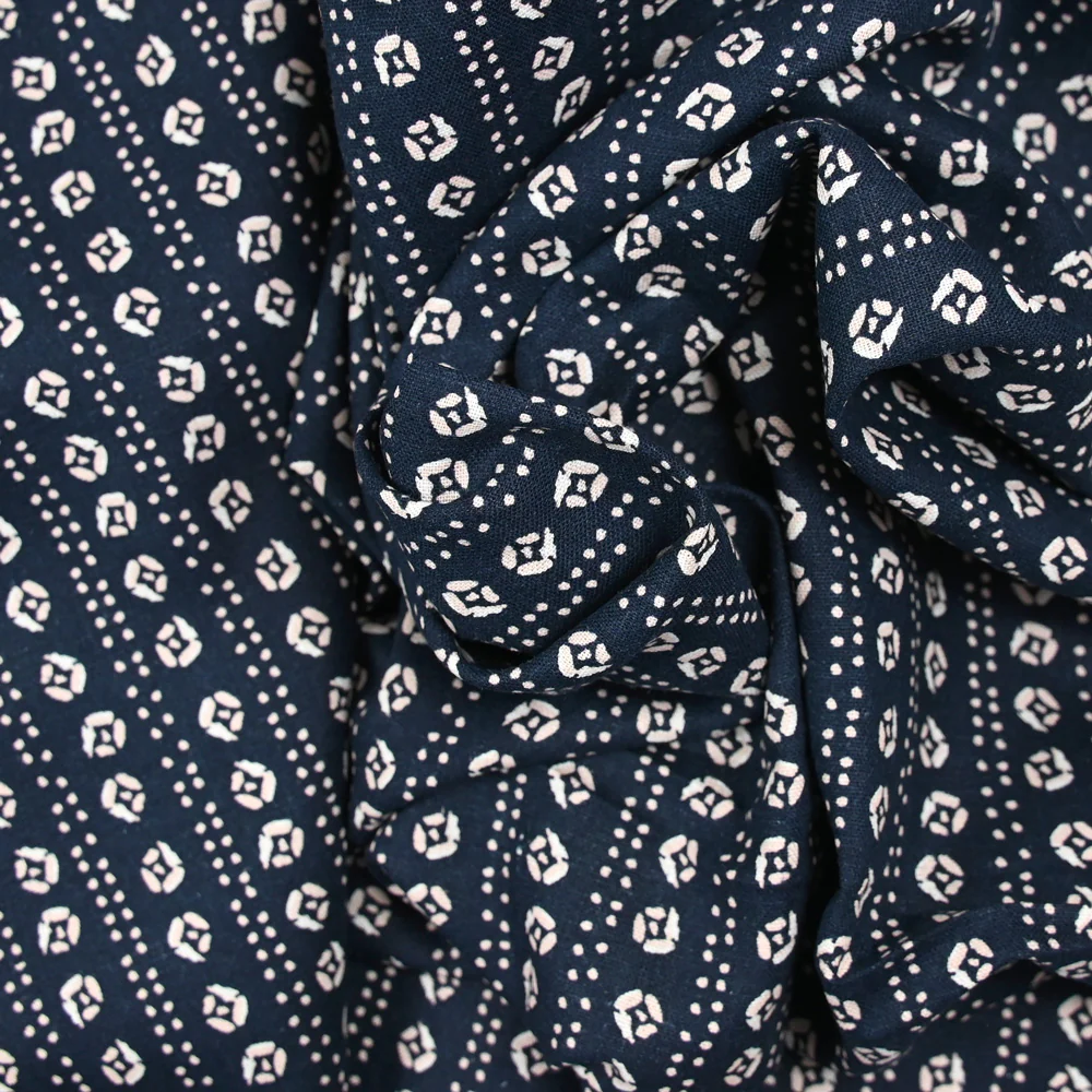 Lin viscose imprimé fleurs et pointillé rayé fond marine - Image 4