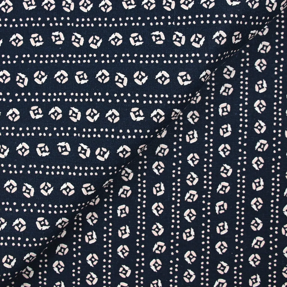 Lin viscose imprimé fleurs et pointillé rayé fond marine - Image 5