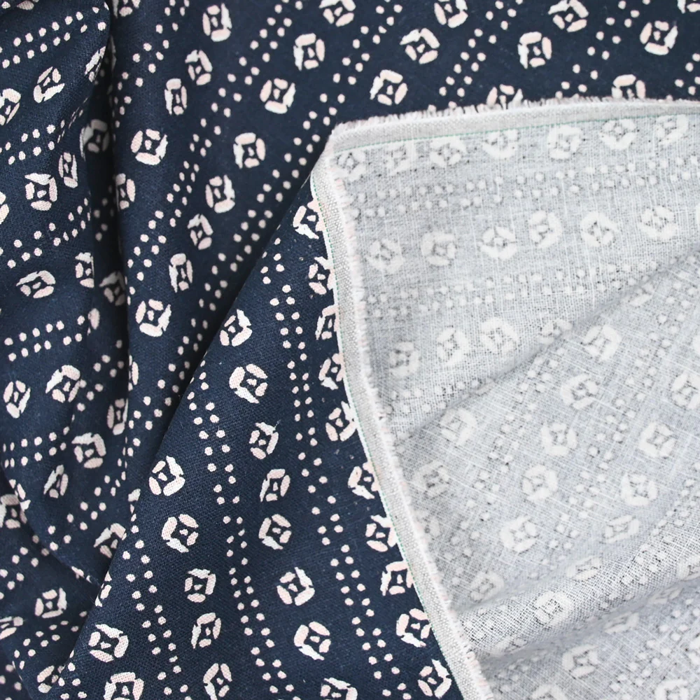 Lin viscose imprimé fleurs et pointillé rayé fond marine - Image 6