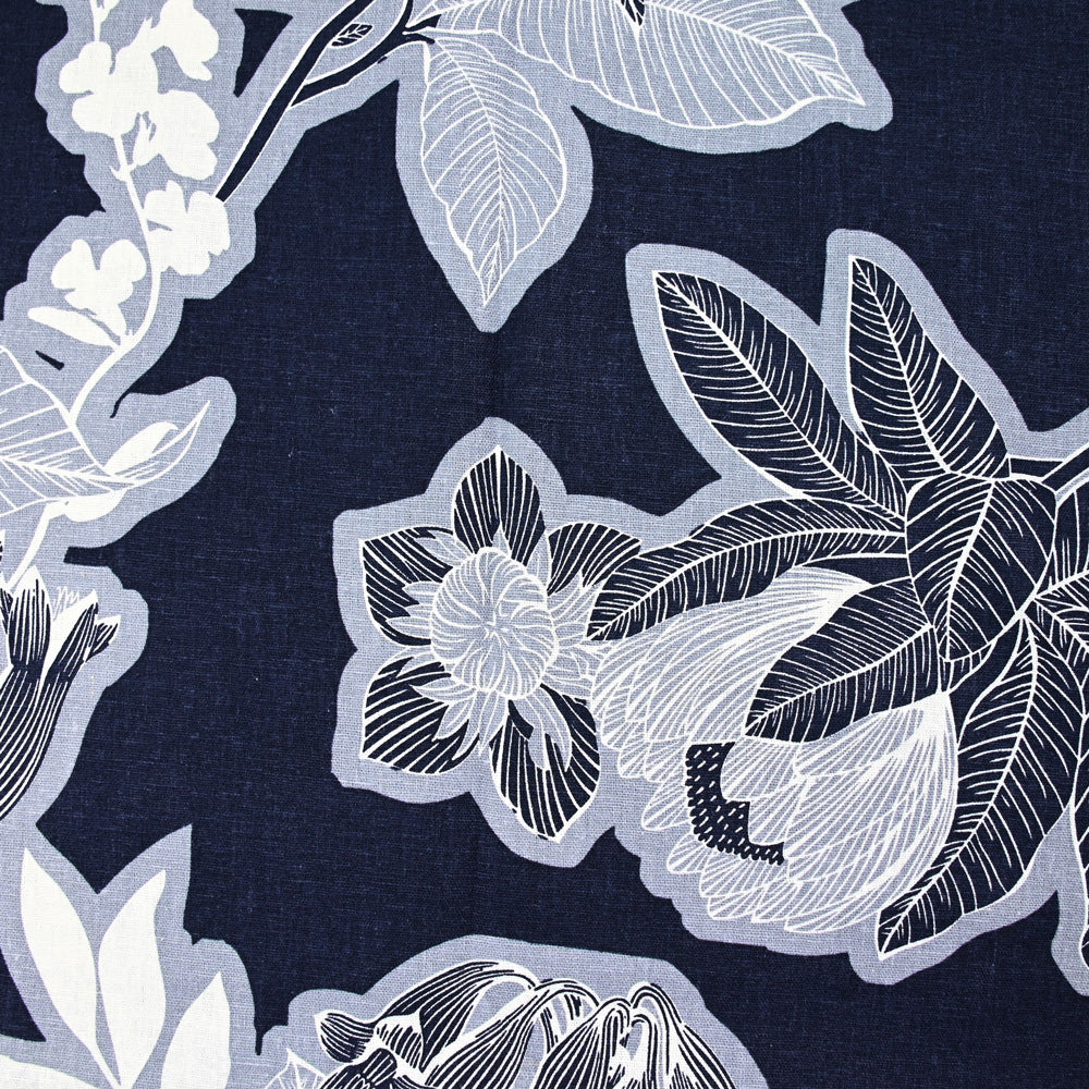 Lin viscose imprimé grande fleurs fond marine