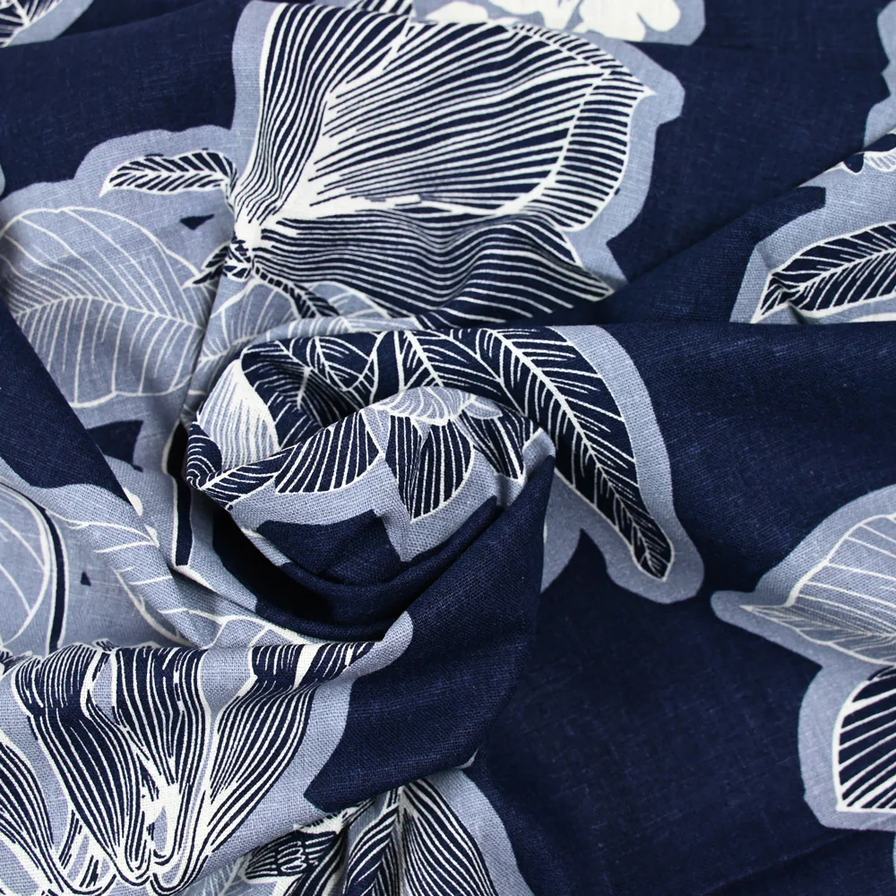 Lin viscose imprimé grande fleurs fond marine - Image 2
