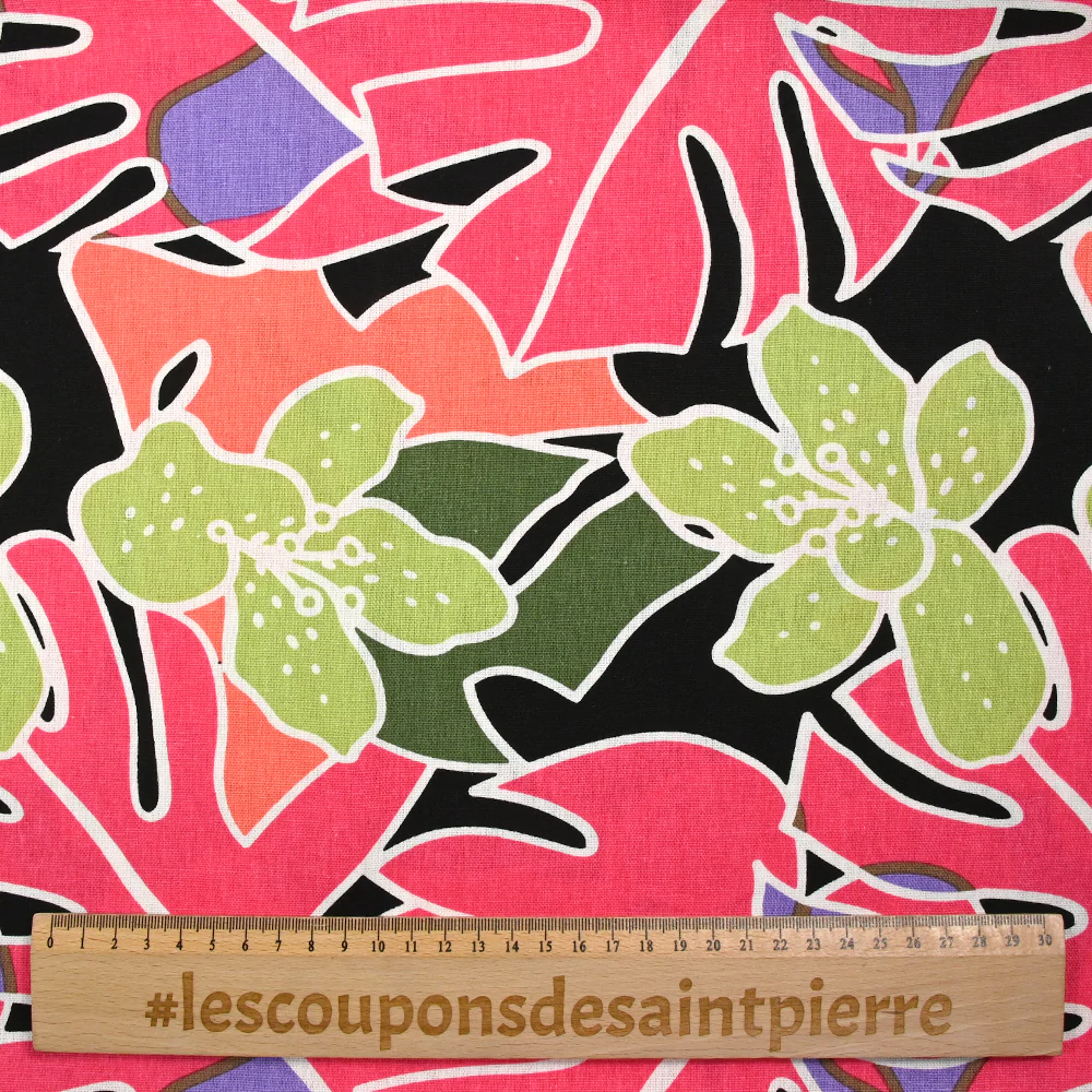 Lin viscose imprimé jardin tropical rose corail fond noir - Image 3