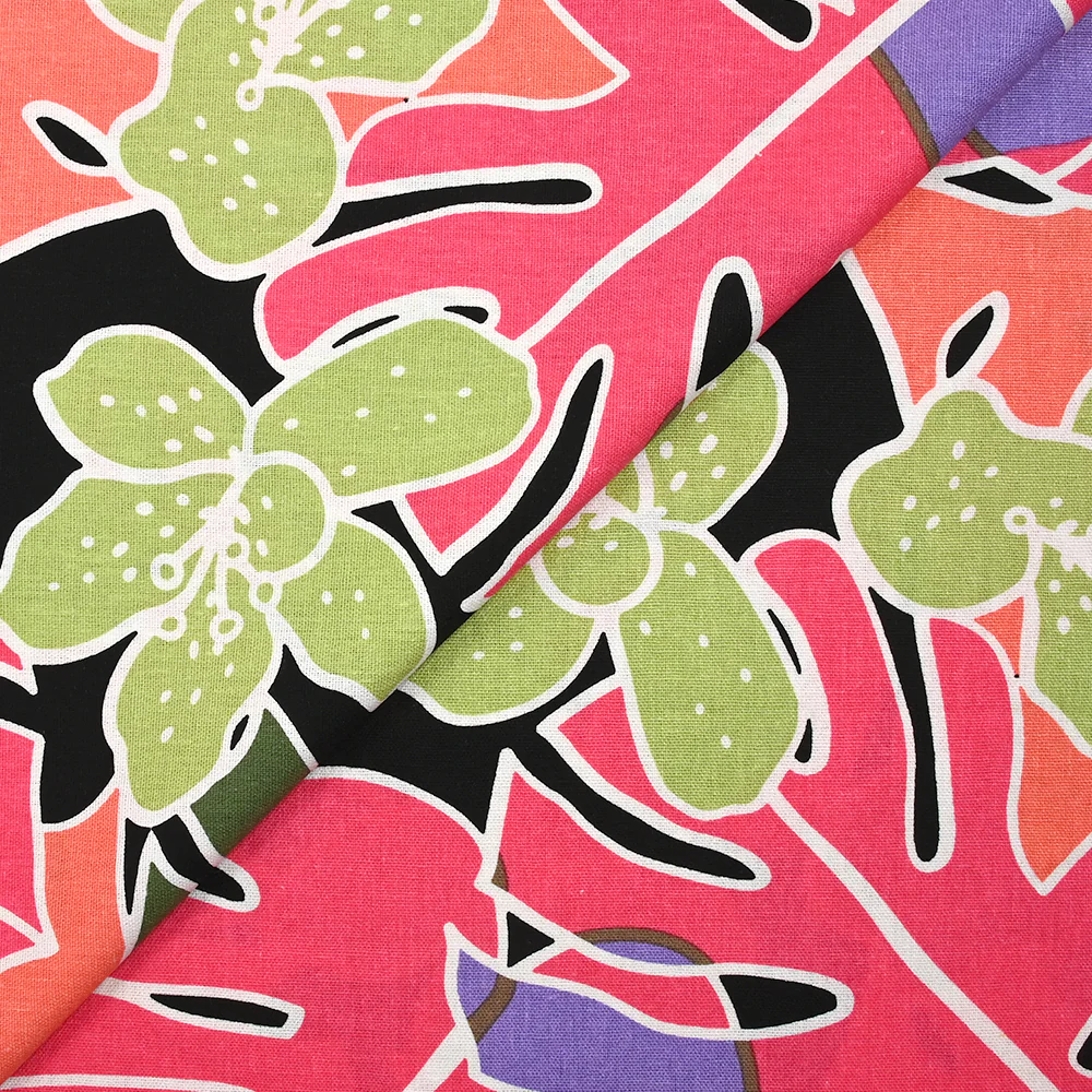 Lin viscose imprimé jardin tropical rose corail fond noir - Image 5