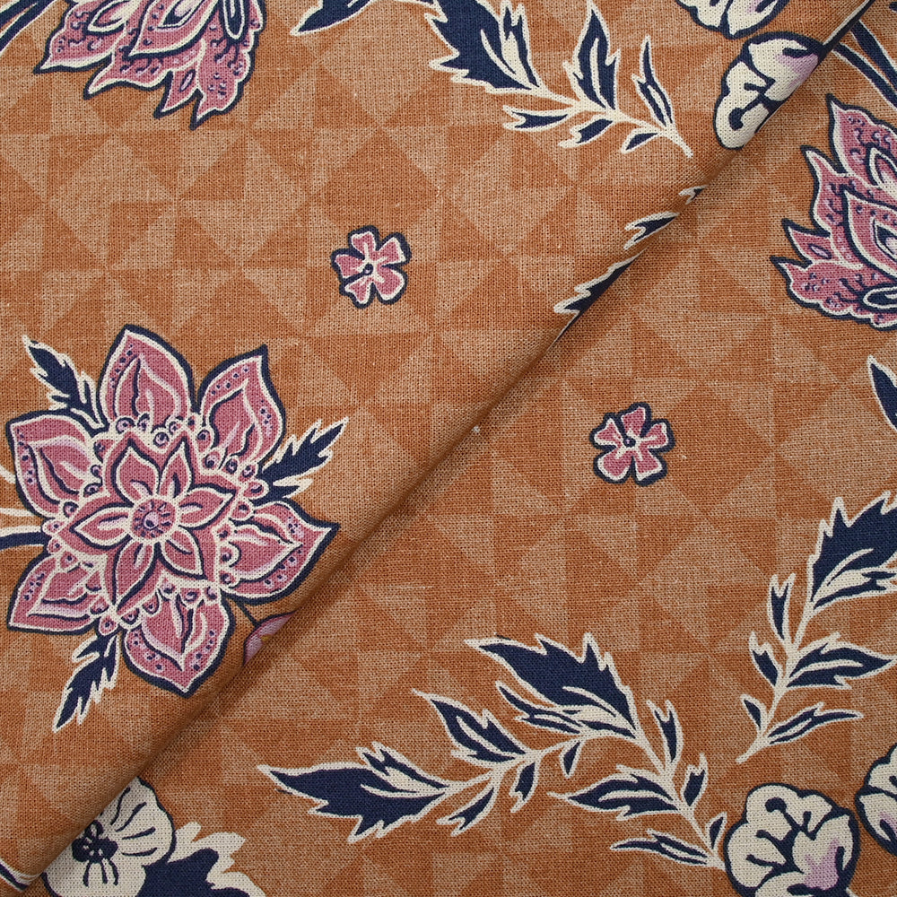 Lin viscose imprimé magnolia fond terre de sienne - Image 4