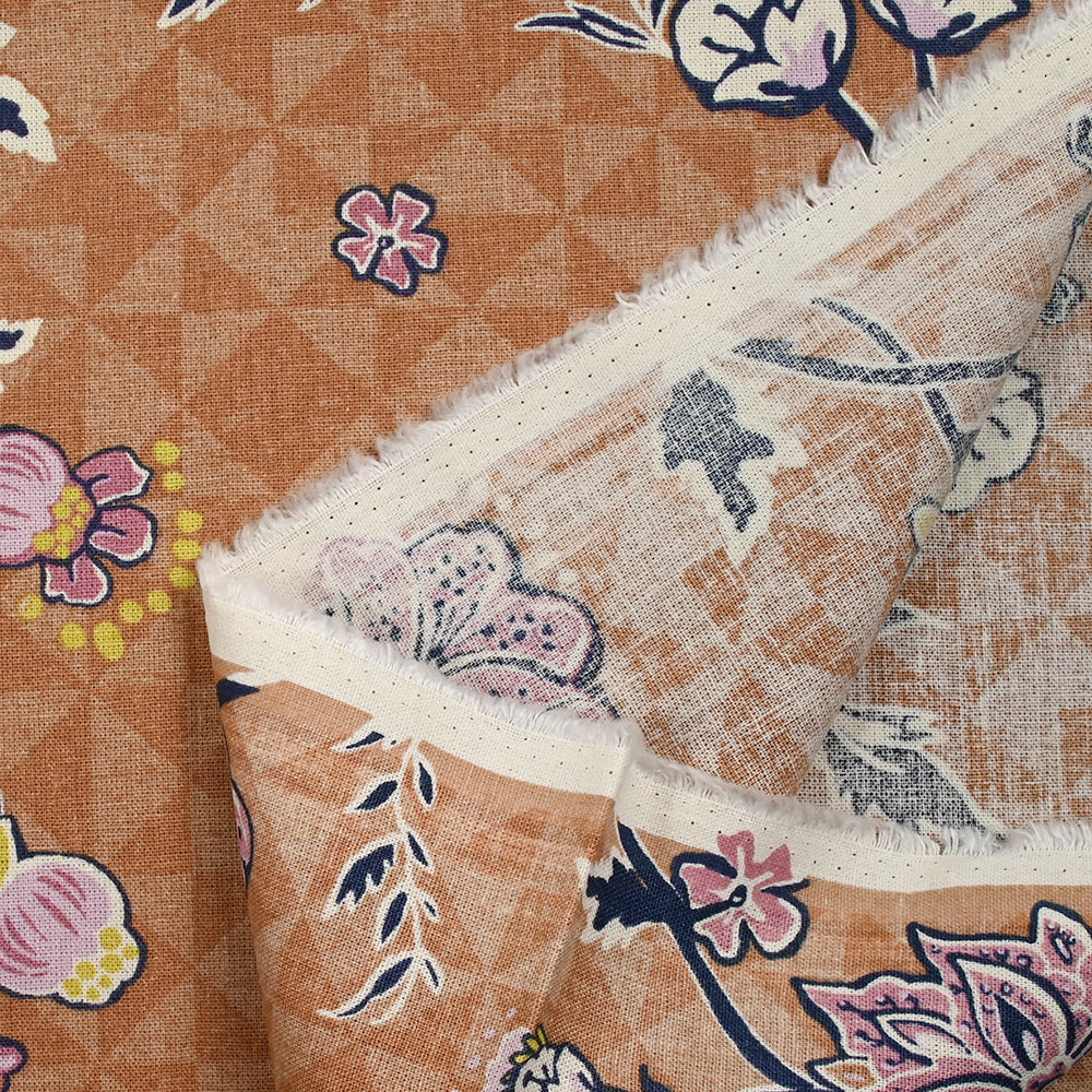 Lin viscose imprimé magnolia fond terre de sienne - Image 5