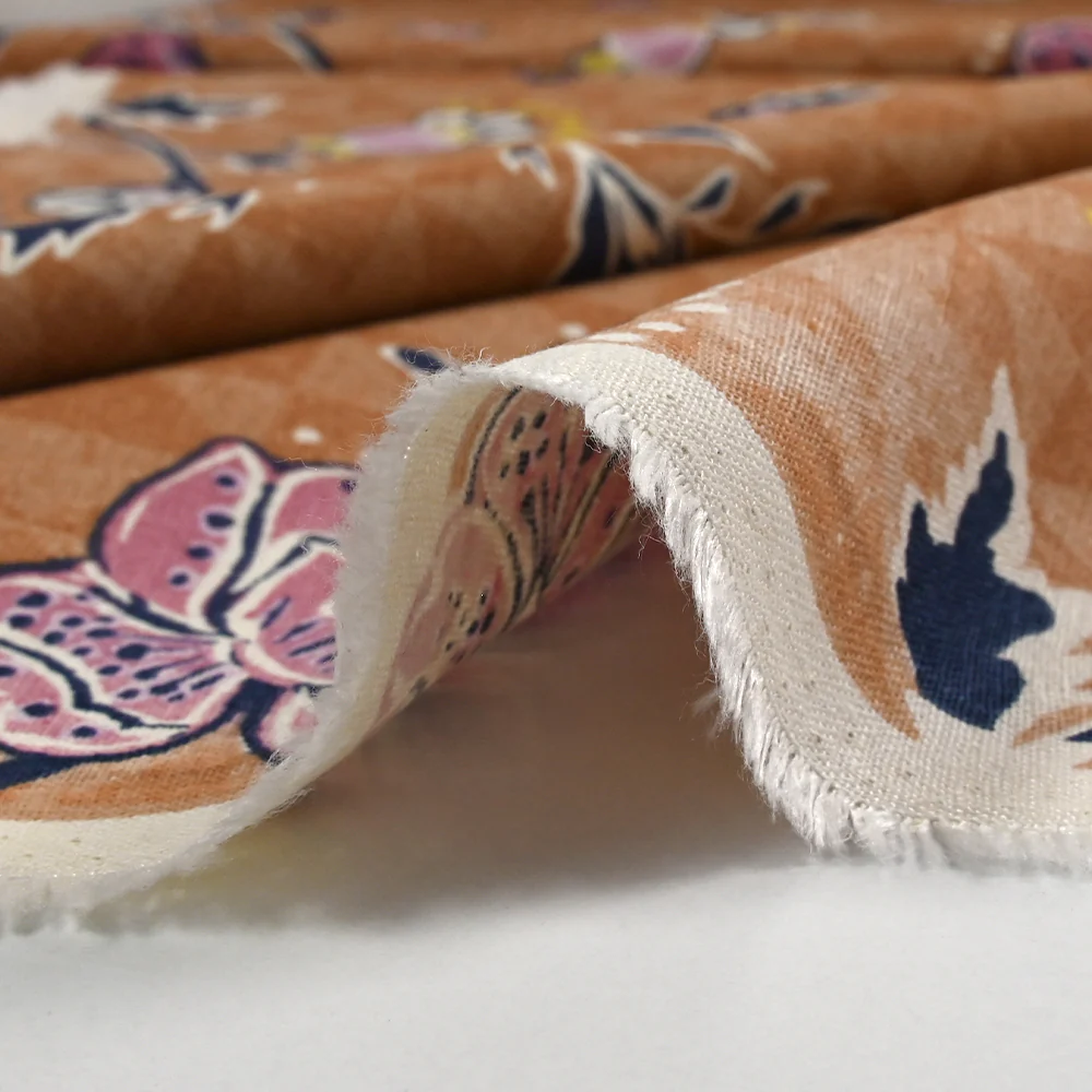 Lin viscose imprimé magnolia fond terre de sienne - Image 6